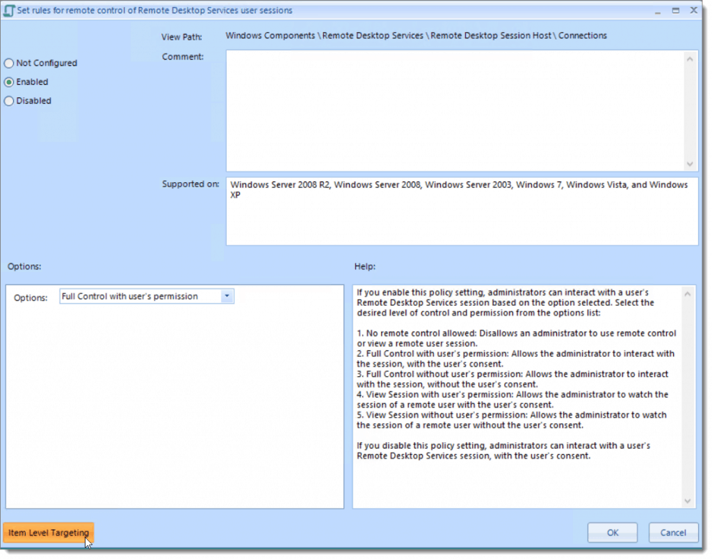 Example of creating a policy fore remote control of remote desktops