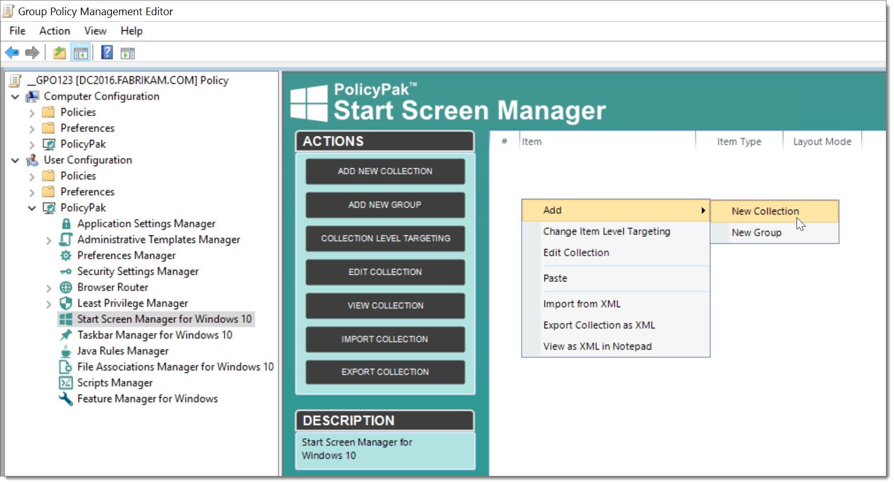 Adding a New collection in PolicyPak Windows Start Screen Manager