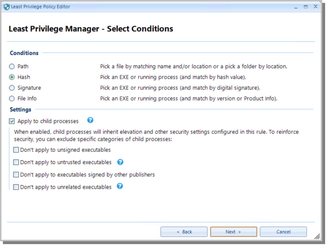 Select Conditions for Least Privilege Manager
