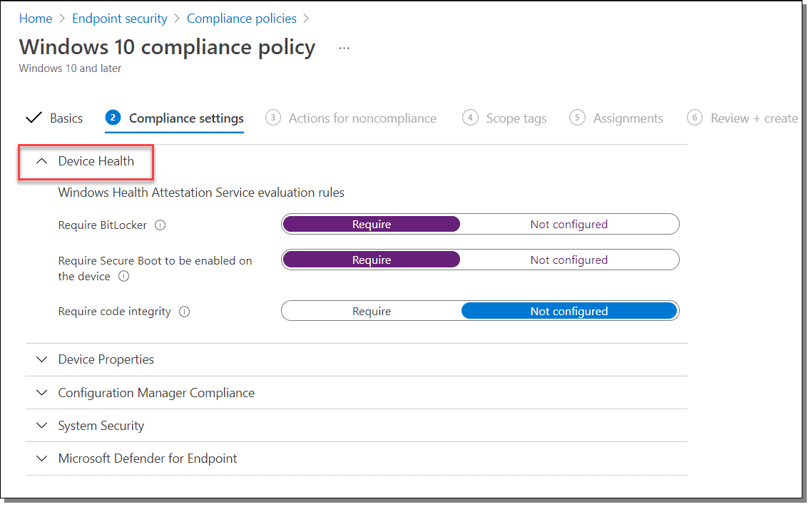 windows 10 compliance policy actions for noncompliance
